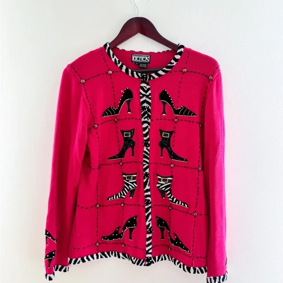 Vintage Hot Pink Zebea Shoe Cardigan – Size Large - Picture 1 of 7